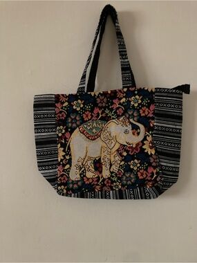 Embroidered Elephant Floral Tote Bag in Black